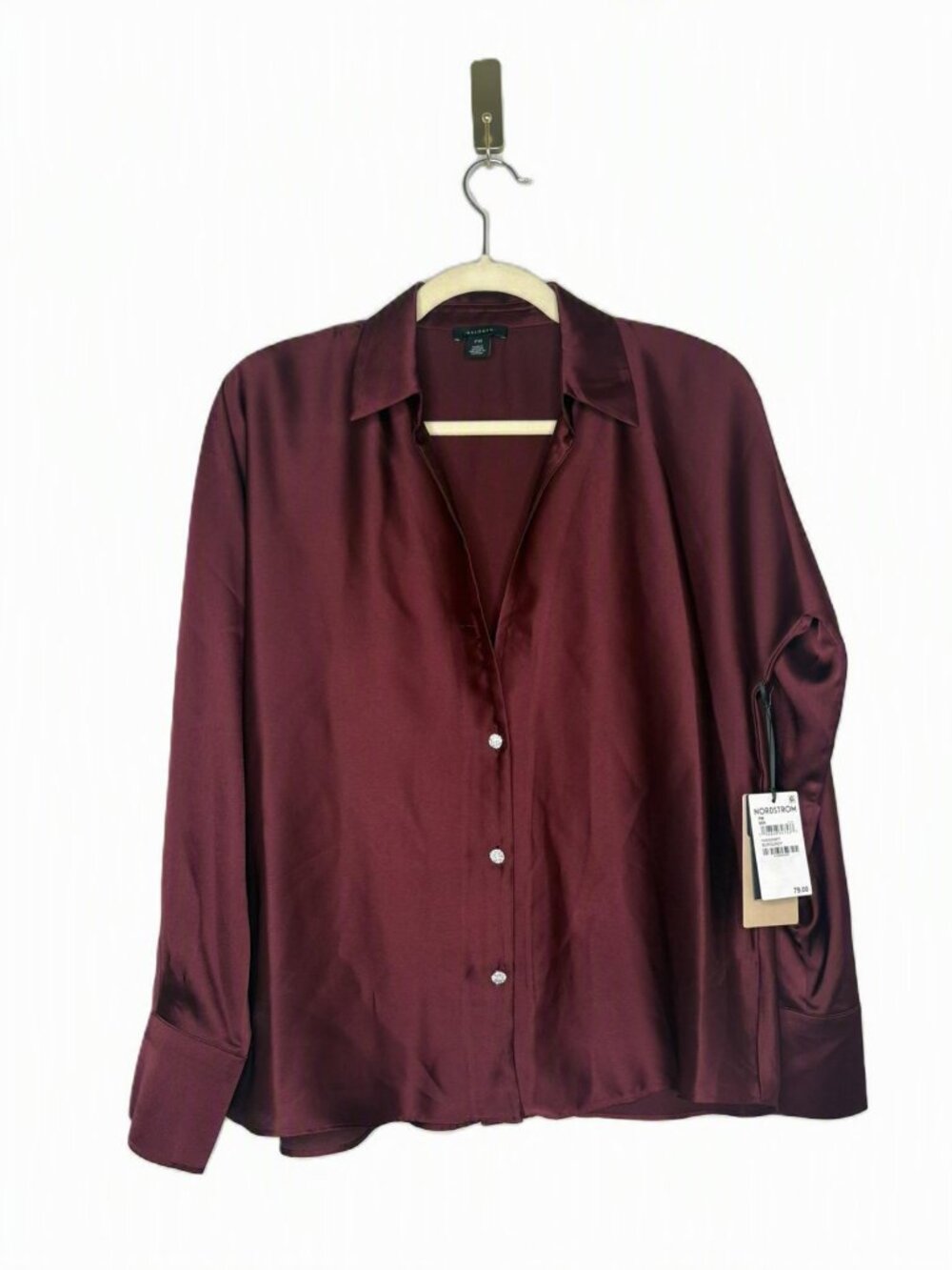Halogen Charmeuse Button Up Shirt Burgundy Petite Medium – Jeweled Buttons – NWT